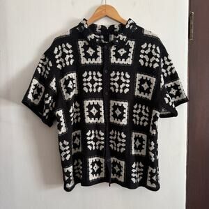 MAISON ARTICLE | Black and white Knit Granny Square Cabana Camp Shirt | Small